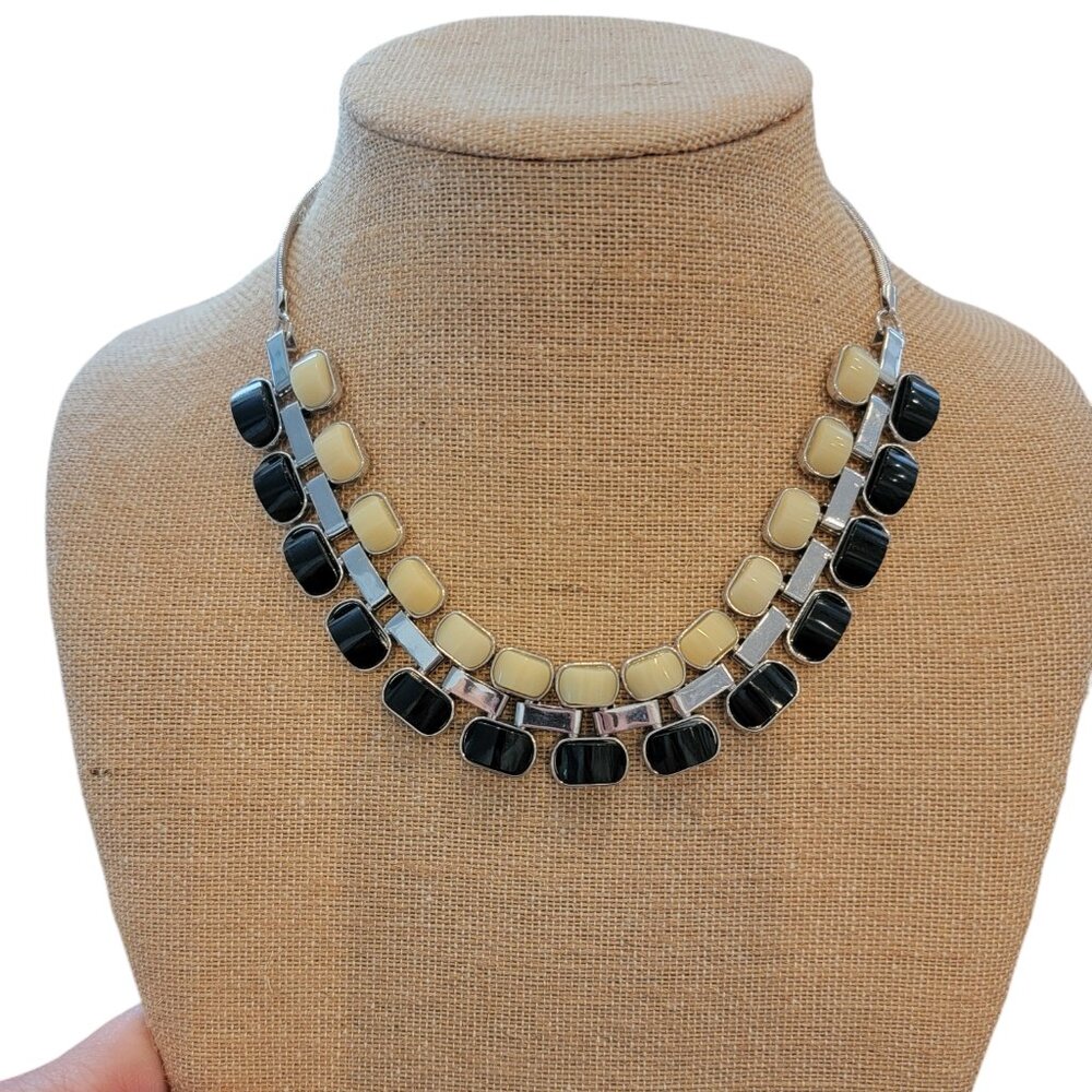 Mid Century Collared Triple Banded Black/White/Silver Statement Necklace